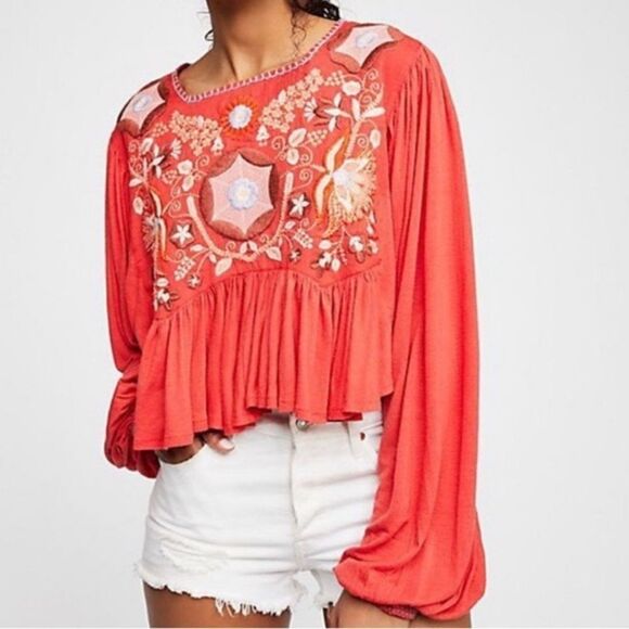 Free People Claudine Embroidered Floral Crop Top Blouse FLAW - Picture 15 of 15